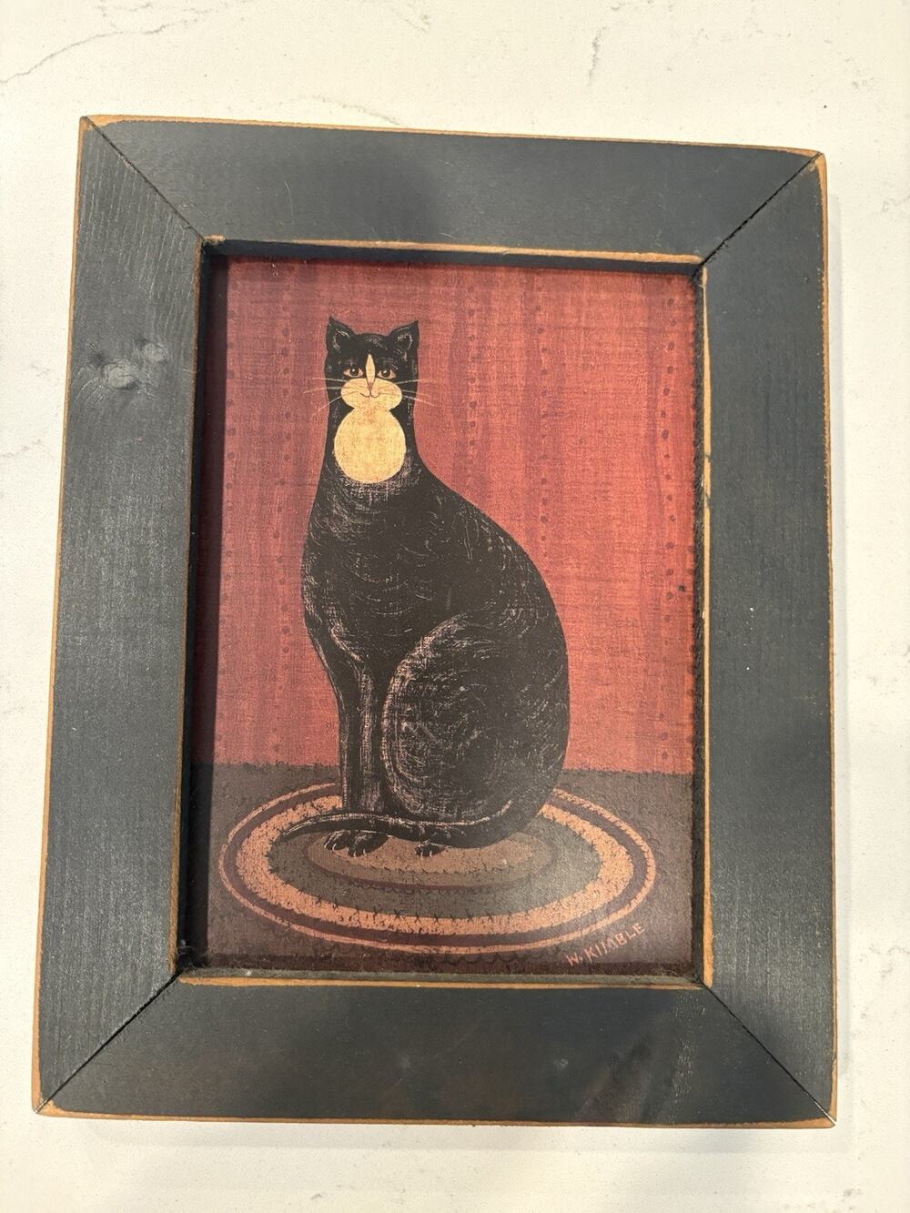 VNTG Warren Kimble Framed Folk Art Print Black Cat with Bib Americana Wall Decor